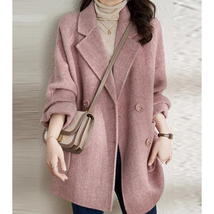2025 New Spring Autumn and Winter Pink Woolen Coat Women's Small Mid-length Korean-style Woolen Coat Elegant Casual
