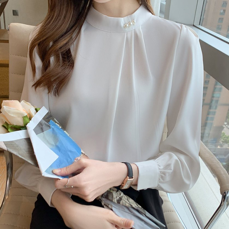 Satin Shirt Women's Long-sleeved Western Beaded Base Shirt 2025 Spring and Autumn Design Sense Niche Chiffon Shirt Shirt