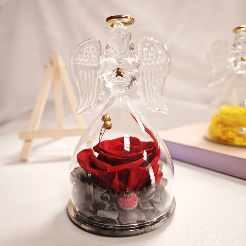 Cross-border inmortalidad rosas ángel pequeño cubierta de vidrio decoración día de San Valentín Navidad caja de regalo de cumpleaños flores reales