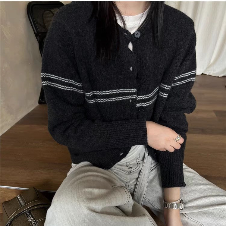 撞色条纹羊毛针织开衫女秋装外套2025新款拼接毛衣外套打底衫潮|undefined