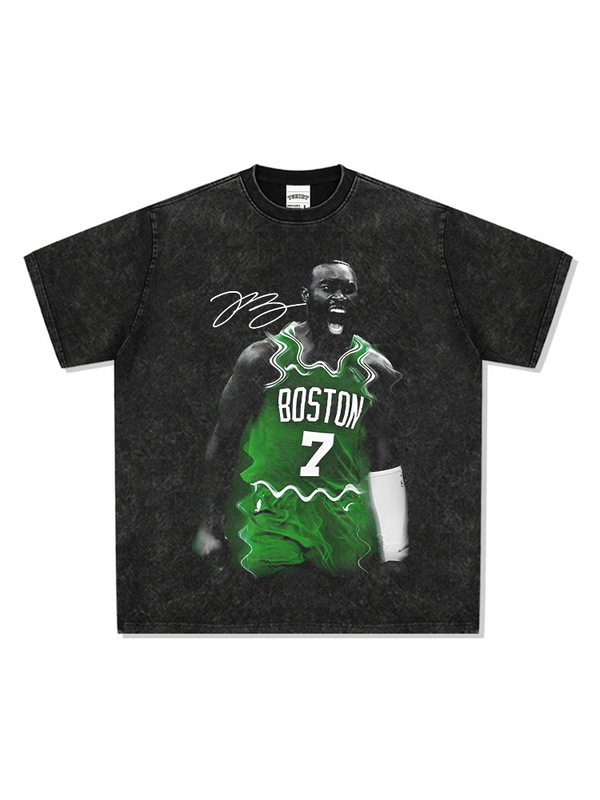 Cross-Border Retro Jaylen Brown Printed Short-Sleeved T-Shirt Washed Heavy Small Neckline t Cross-Border Retro Jaylen Brown Printed Short-Sleeved T-Shirt Washed Heavy Small Neckline t