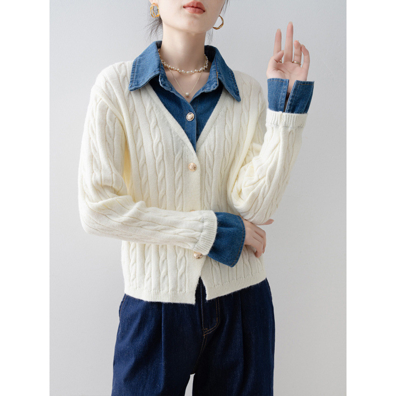 Off-white women's knit sweater, 2026 autumn new style, denim collar, faux two-piece, long-sleeved, thickened sweater top