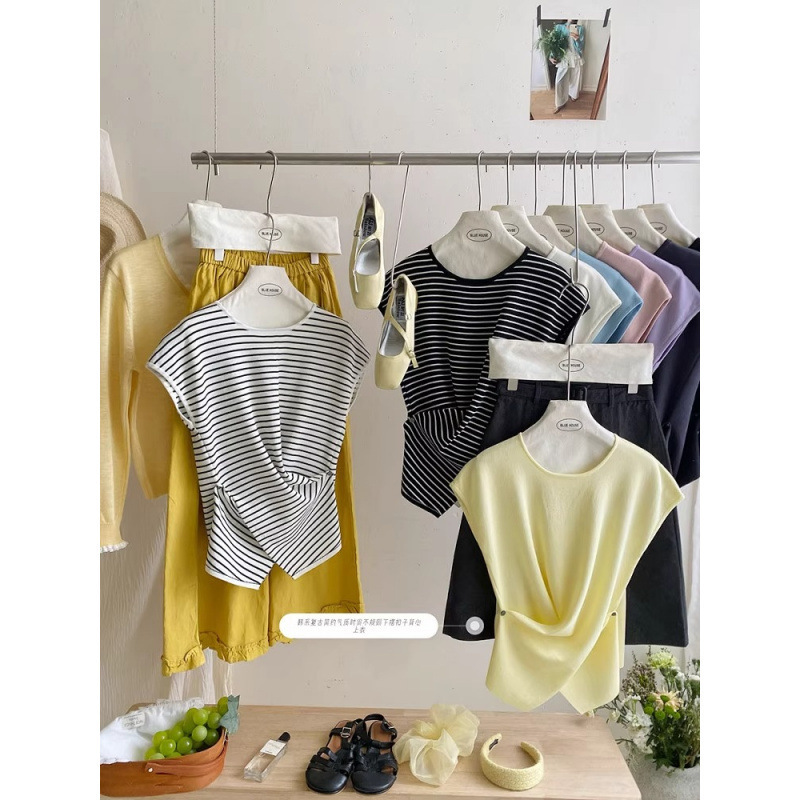 Unique and Chic Cross-Side Button Micro-Waist Ice Silk Small Flutter Sleeve Knit T-Shirt for Women, Summer Comfortable Breathable Tank Top Unique and Chic Cross-Side Button Micro-Waist Ice Silk Small Flutter Sleeve Knit T-Shirt for Women, Summer Comfortable Breathable Tank Top