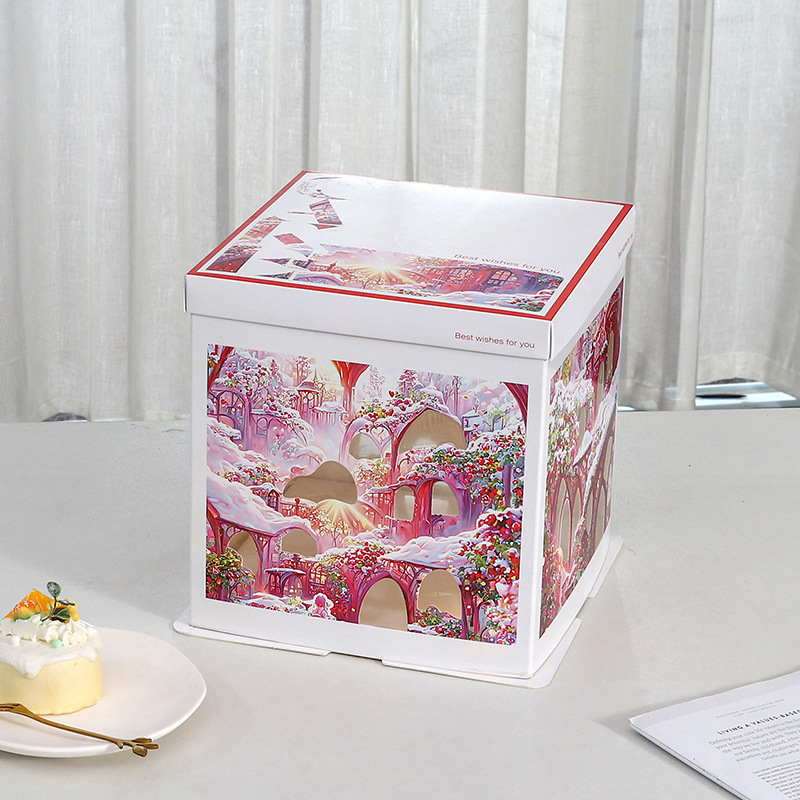 Caja para Pastel de Cumpleaños, Caja de Embalaje para Pastel de 6, 8 y 10 Pulgadas, Caja para Pastel con Luces Navideñas, Caja de Regalo para Fiestas