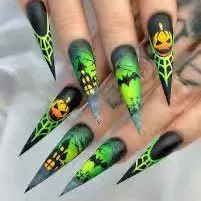 欧美超长杏仁甲 万圣节美甲贴片 绿色南瓜蛛网图案节日假指甲成品