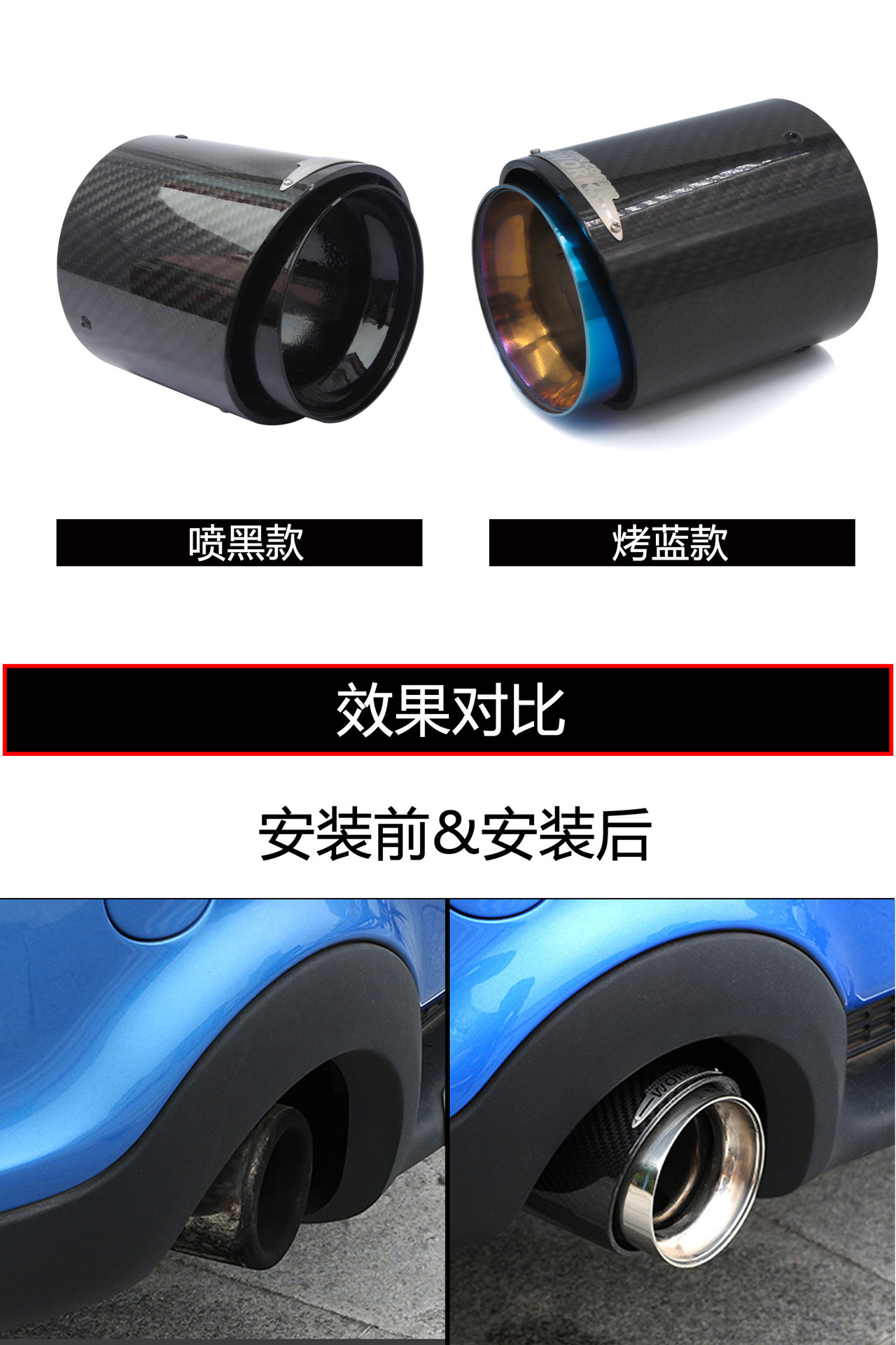 Special stainless steel carbon fiber tail throat suitable for BMW mini JCW modified black baked blue exhaust pipe