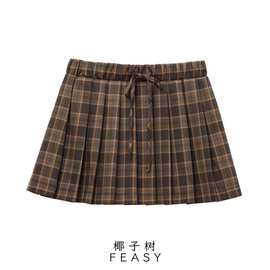 亚马逊跨境外贸欧美女装2024秋冬新款格子宽褶迷你裙半身裙