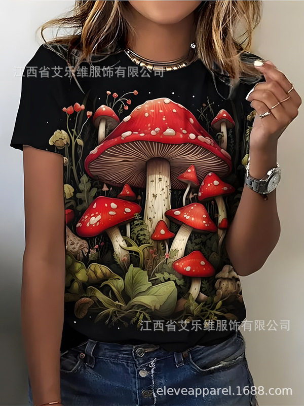 有趣的印花T恤植物图案3D打印女性休闲短袖蘑菇元素圆领T恤女上衣|undefined