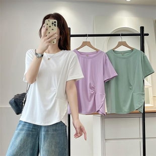 2025 Summer Large Size Asymmetrical T-Shirt Short-Sleeved Women's Fashion Niche Round Neck Top Fat mm Cotton Shirt Slimming Look 350