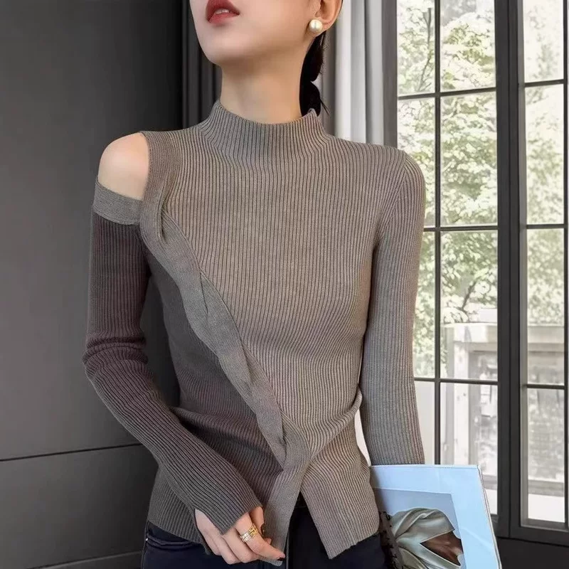 Colored knitted long-sleeve, sweater, high collar, western style