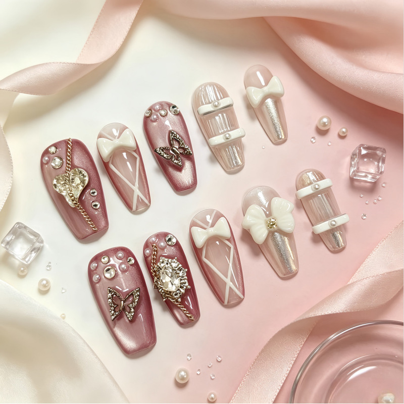 Embossed Aurora Bow Heart Sparkling Light Luxury Accessories Handmade Wearable Nails Cat Eye Pink Princess Style Manicure Embossed Aurora Bow Heart Sparkling Light Luxury Accessories Handmade Wearable Nails Cat Eye Pink Princess Style Manicure