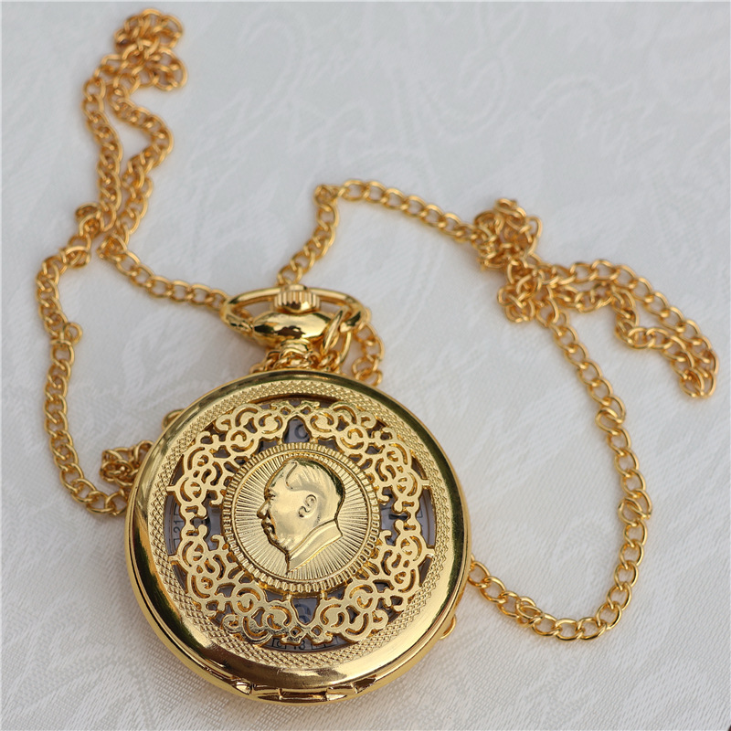 Chairman Mao Portrait Electroplated Gold Pocket Watch Cyan Pocket Watch Commemorative Gift Collection Jewelry Metal Pendant Gift
