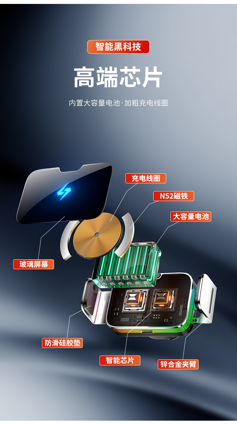 One-Line Strong Magnetic Car Phone Holder, Wireless Fast Charging, Seven-Color Ambient Light, Car Navigation Magnetic Mount