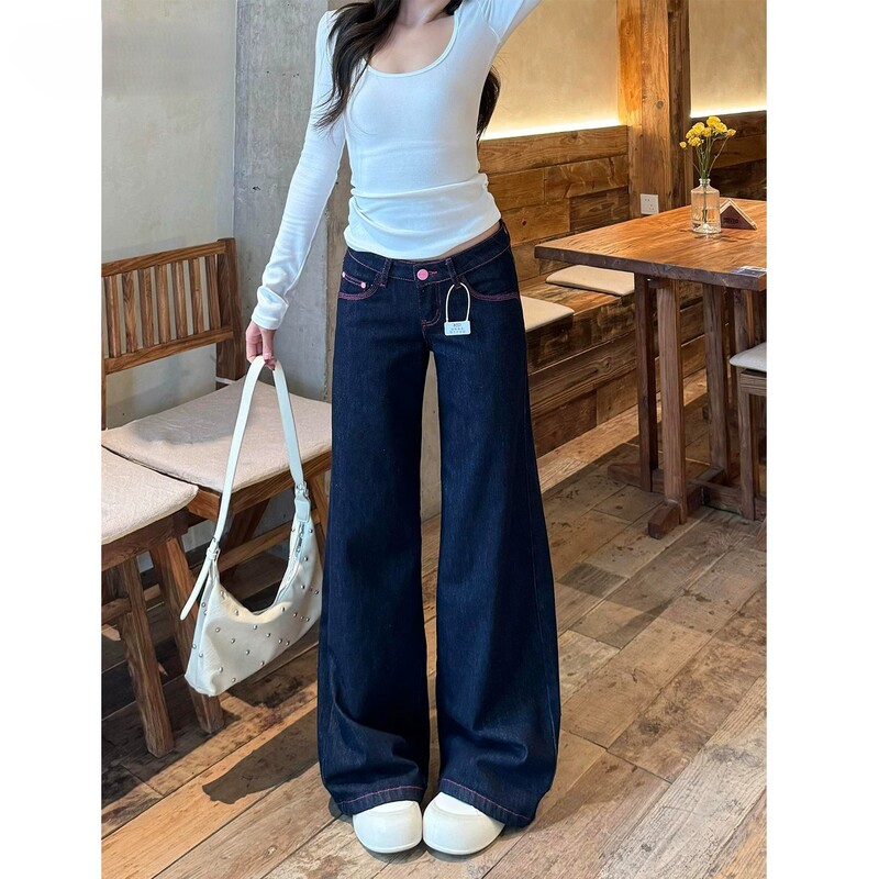 Korean-style sweet and spicy dark blue low-waist wide-leg jeans for women, early autumn plus-size comfortable trendy pink contrast-stitched denim pants