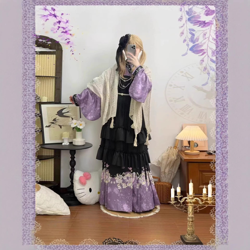 Ming-Style Hanfu with Cross-Collar, Stand-Up Collar, Mamian Sleeves, Lolita Cute Overlay Skirt, Autumn and Winter Set, Overlay Skirt Lolita