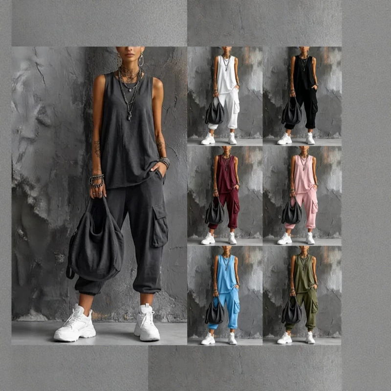 2026 In-Stock Spring/Summer New Sleeveless Vest and Cargo Pants Two-Piece Set European and American Trendy Casual Sports Outfit for Women