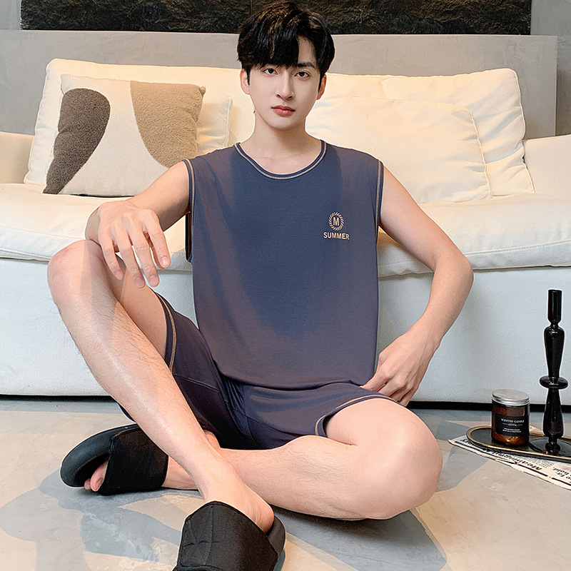 모달 파자마 남자 여름 조끼 소매 없는 반바지 세트 외부 여름 시원한 느슨한 얇은 홈 옷