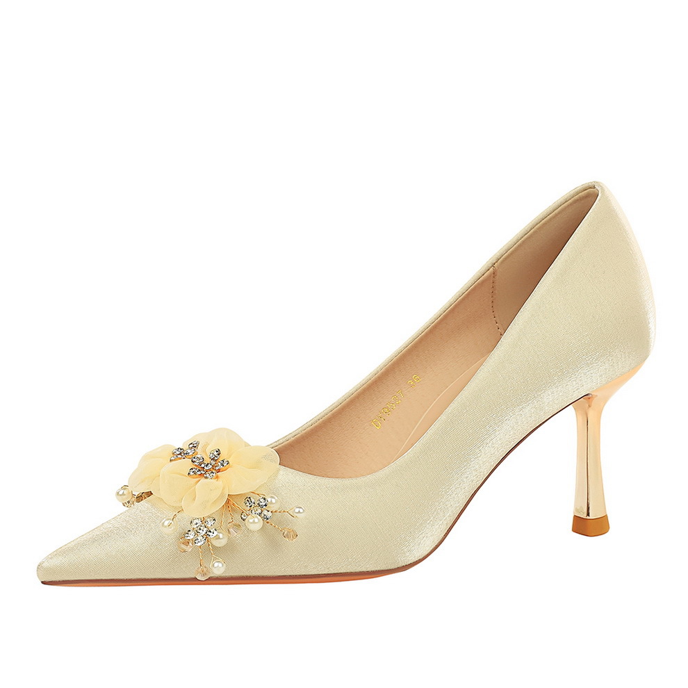 9527-H113 French-style Elegant Lady's Floral Rhinestone High-heeled For Women, Pointed Toe, Shallow Cut, Satin, Thin_vogvips.com