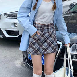 美式复古格纹半身裙女2024秋新款设计感小个子高腰包臀裙A字短裙