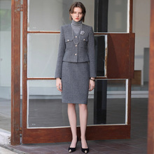 秋冬小香风套装无领灰色羊毛呢短款时尚轻奢中长款西服女裙套装OL