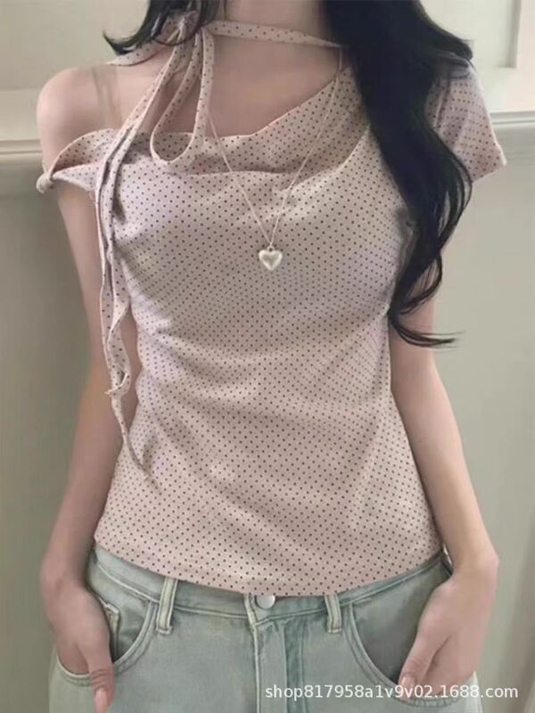韩系hiphop波点蝴蝶结粉色露肩短袖t恤女夏季休闲气质原宿风上衣|undefined