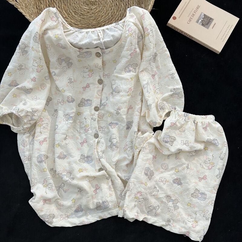 Summer Pajamas with Chest Pads, Short-Sleeved Shorts, Cloud Cotton, Cartoon Puppy Design, Suitable for Women, Can Be Worn Outside, Home Wear Set
