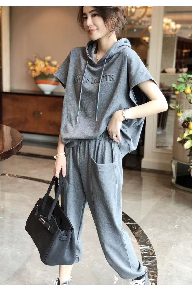 Women's Sports Casual Hooded 2026 Summer New Loose Versatile Short Sleeve Plus Size Two-Piece Set Cross-Border Wholesale_ecoleips.com