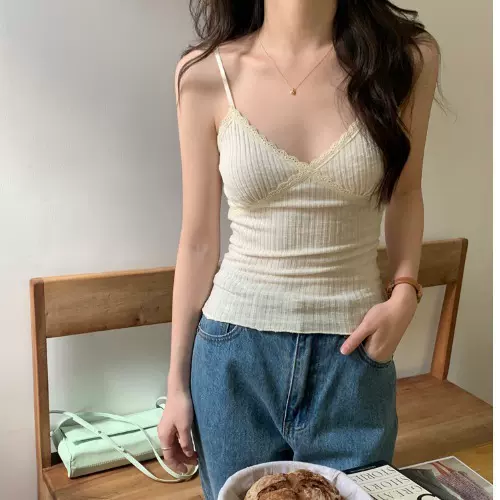 纯欲辣妹吊带遮副乳 一体式美背内搭外穿V领坑条花边蕾丝百搭背心