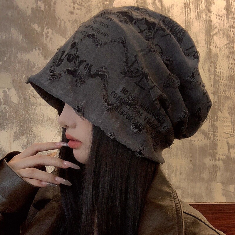 Korean Version Ins Vintage Distressed Letter Beanie for Women, Wasteland Style Slouchy Hat, Large Head Circumference, Face-Slimming Turban Hat, Trendy