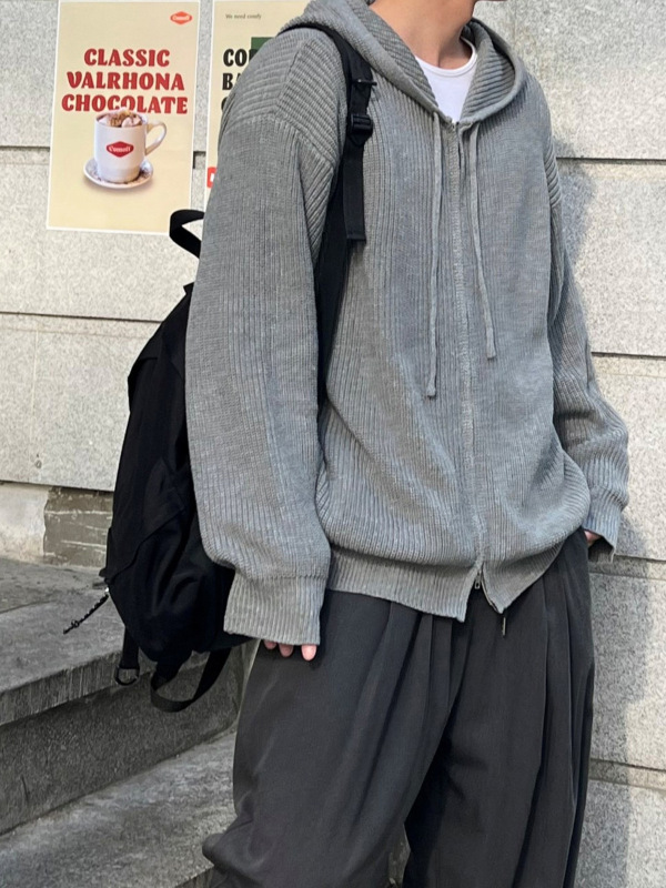 双拉链连帽针织毛衣外套男2025秋季韩版潮流慵懒风百搭情侣款上衣|undefined