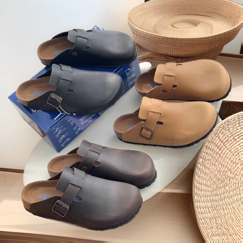 英伦复古风!休闲风!男 女 同款疯马皮半包拖鞋一脚蹬软木博肯鞋