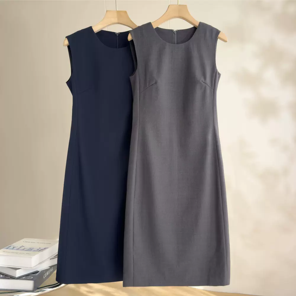 经典TH款灰色圆领无袖连衣裙春夏高端职业精纺羊毛气质背心裙子