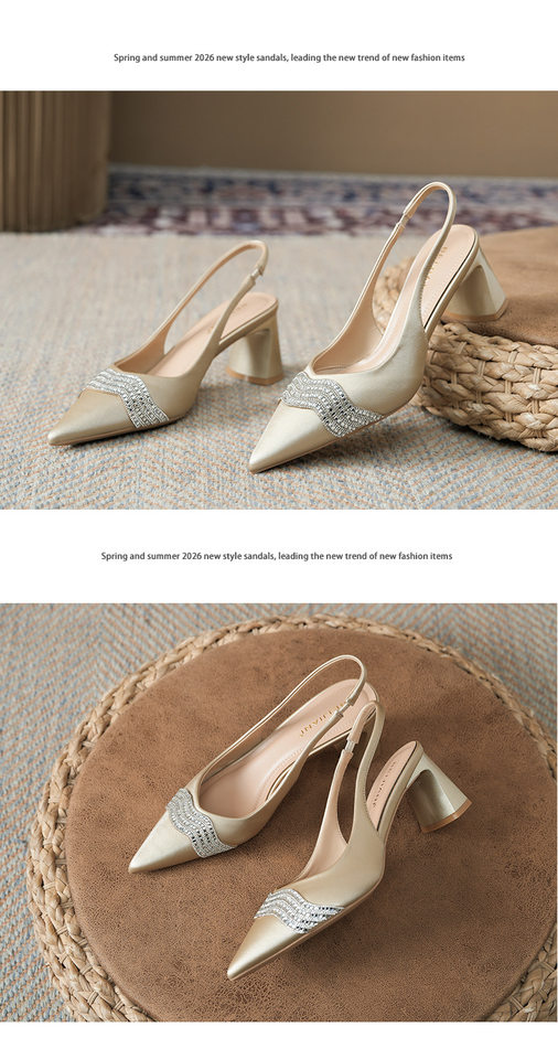 Sandal cao gót nữ mũi nhọn hở gót gót thô đính đá chất liệu satin, gót 6–8 cm — Màu trắng ngà, Vàng nhạt chi tiết 13
