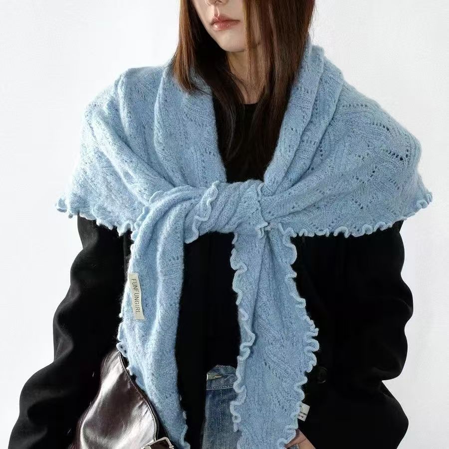 High-Quality Elegant Triangle Scarf, Hollow Breathable Solid Color Scarf for Women, Small Knitted Wool Shawl for Women