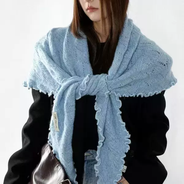 High-Quality Elegant Triangle Scarf, Hollow Breathable Solid Color Scarf for Women, Small Knitted Wool Shawl for Women