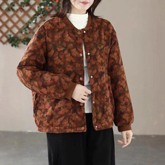 2025秋冬复古印花棉质夹棉外套棉衣女圆领宽松加厚保暖棉服上衣