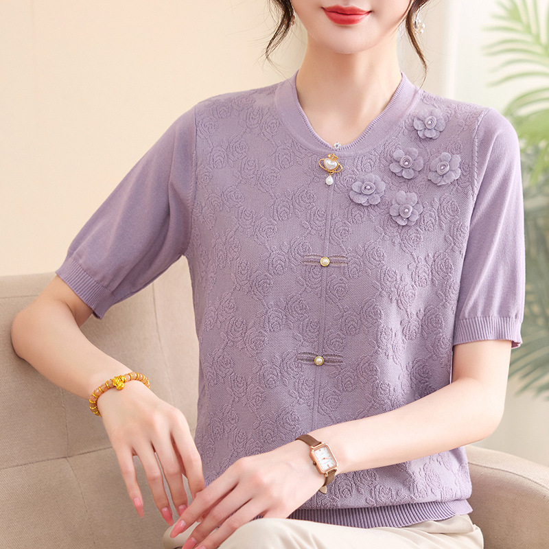 Summer Mom-Style Short-Sleeve Knit Top for Middle-Aged and Elderly Women, Loose Round-Neck Stylish Pullover Ice Silk T-Shirt Summer Mom-Style Short-Sleeve Knit Top for Middle-Aged and Elderly Women, Loose Round-Neck Stylish Pullover Ice Silk T-Shirt