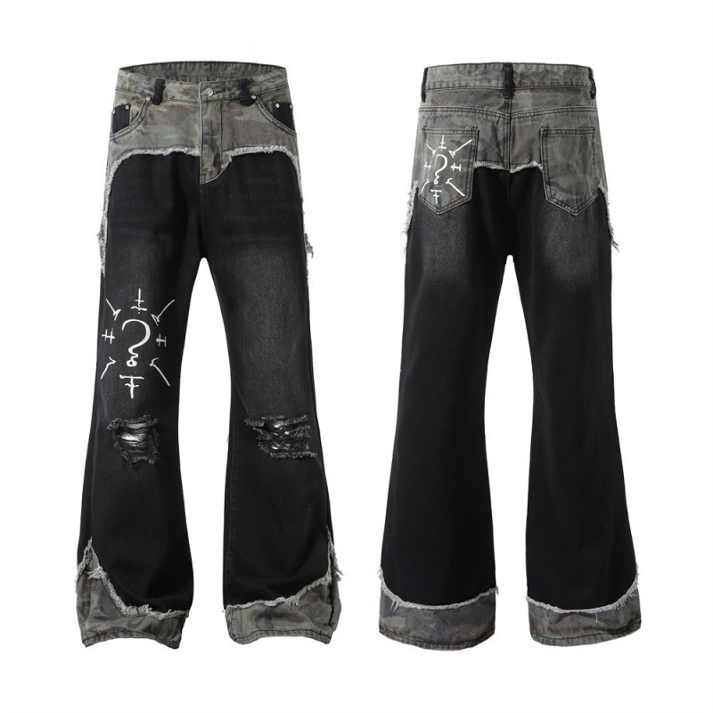 Punk Camouflage Patchwork Ripped Denim Flared Pants Men's Hippie Trendy Personality Design Pattern Loose Long Pants