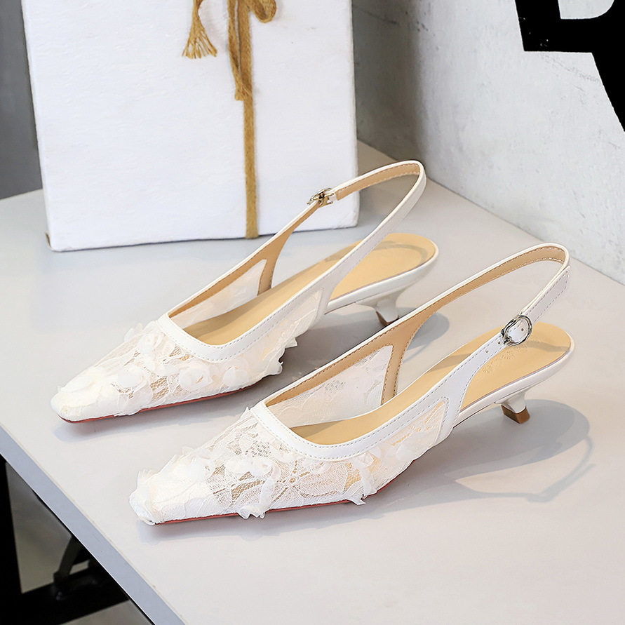 5130 European And American Style Sexy Lace Mesh Stiletto Low Heel Single For Women With One-Strap Buckle, Closed Toe,_vogvips.com