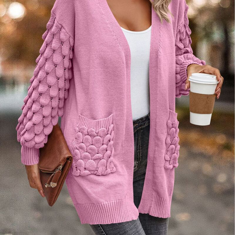 Amazon's New Cross-Border 2025 Spring & Fall Feather Solid Color V Neck Cardigan Long-Sleeved Knitted Flap Pocket Pants Sweater