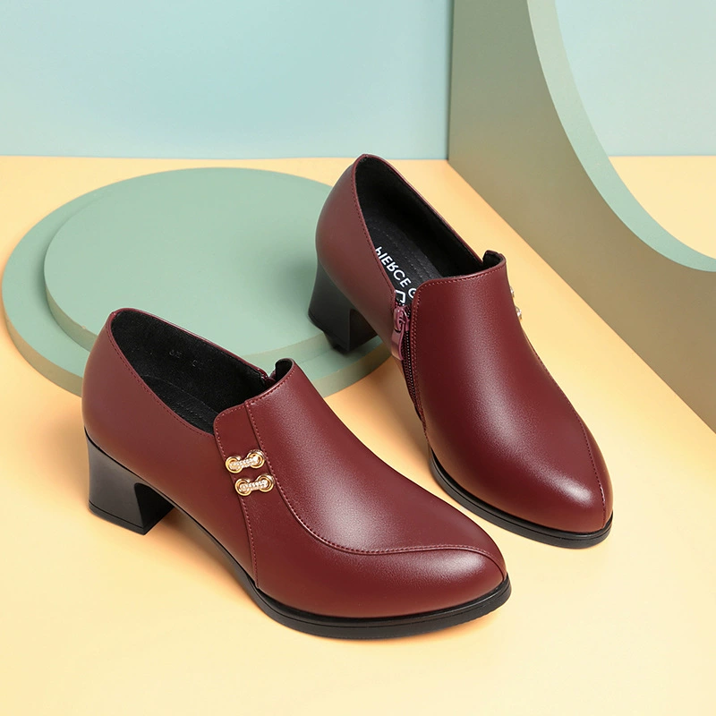 Ботинки цвета вина женские 2022 весна-осень туфли для мам из мягкой кожи с мягкой подошвой для среднего и пожилого возраста Женские туфли на толстом каблуке удобные кожаные туфли
