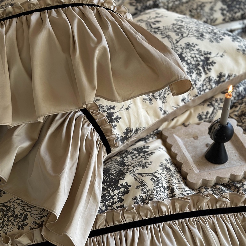 Conjunto de quatro peças em algodão puro de fibra longa com renda romântica, estilo boho vintage francês nórdico, inspirado em Roma._voghion.com
