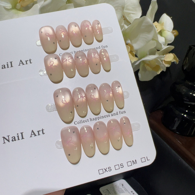 [Vanilla Matcha] Sweet Girl Temperament Custard French Bulb Cat Eye Manicure Hand-Painted Bow Handmade Wearable Nails