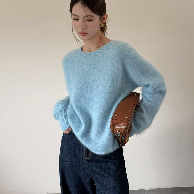 26 Autumn New Style Women's Silk Cashmere Brushed Korean Style Solid Color Round Neck Long Sleeve Casual Versatile Commuting Knit Sweater