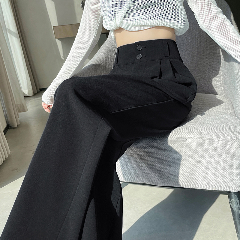 Black Straight-Leg Pants for Women, Spring and Autumn, Slim Fit, High-Waisted, Slimming, Drapey, Floor-Length, Double-Breasted, Casual Gray Wide-Leg Suit Pants