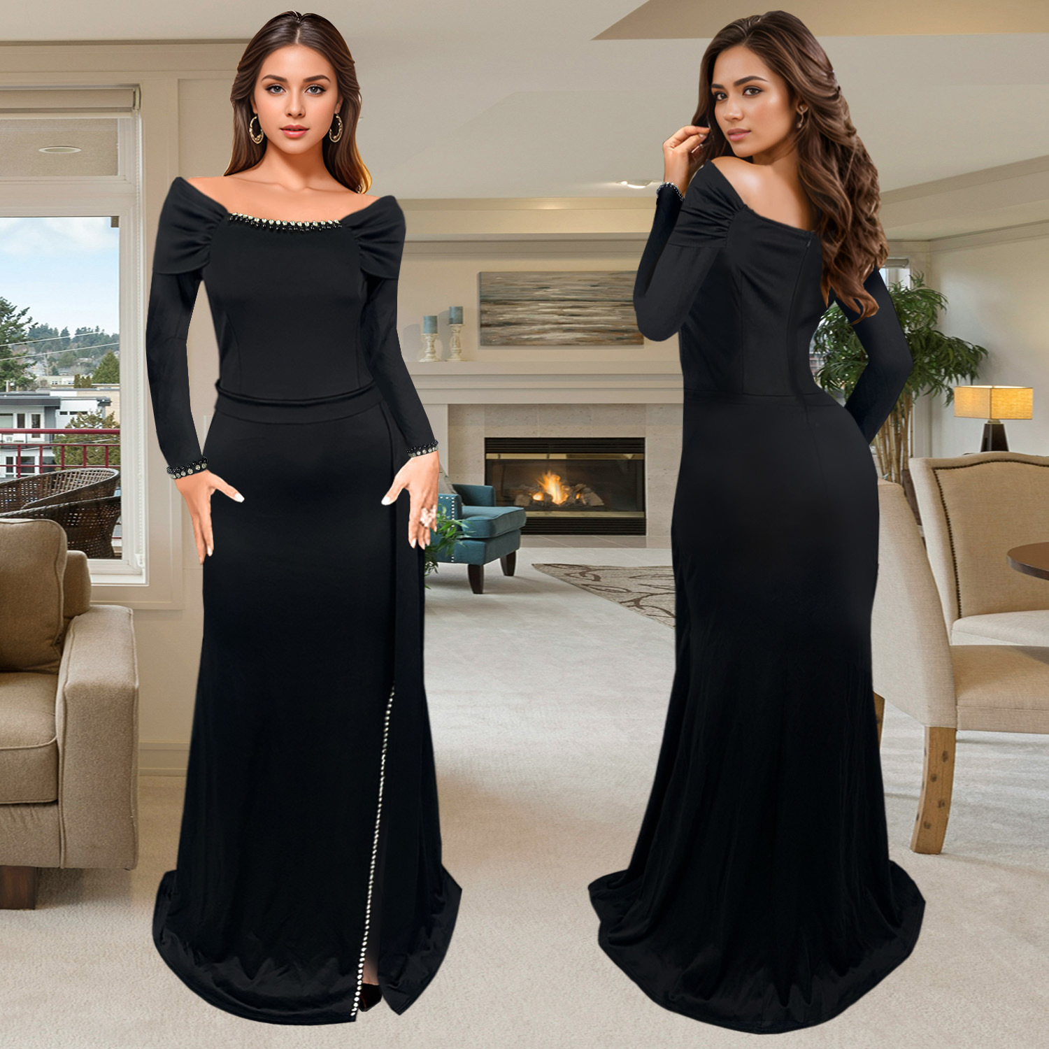 C7283 Aliexpress transfronterizo Amazon Europa y América de moda moda femenina elegante temperamento bajo vestido de noche bifurcado vestido image 1