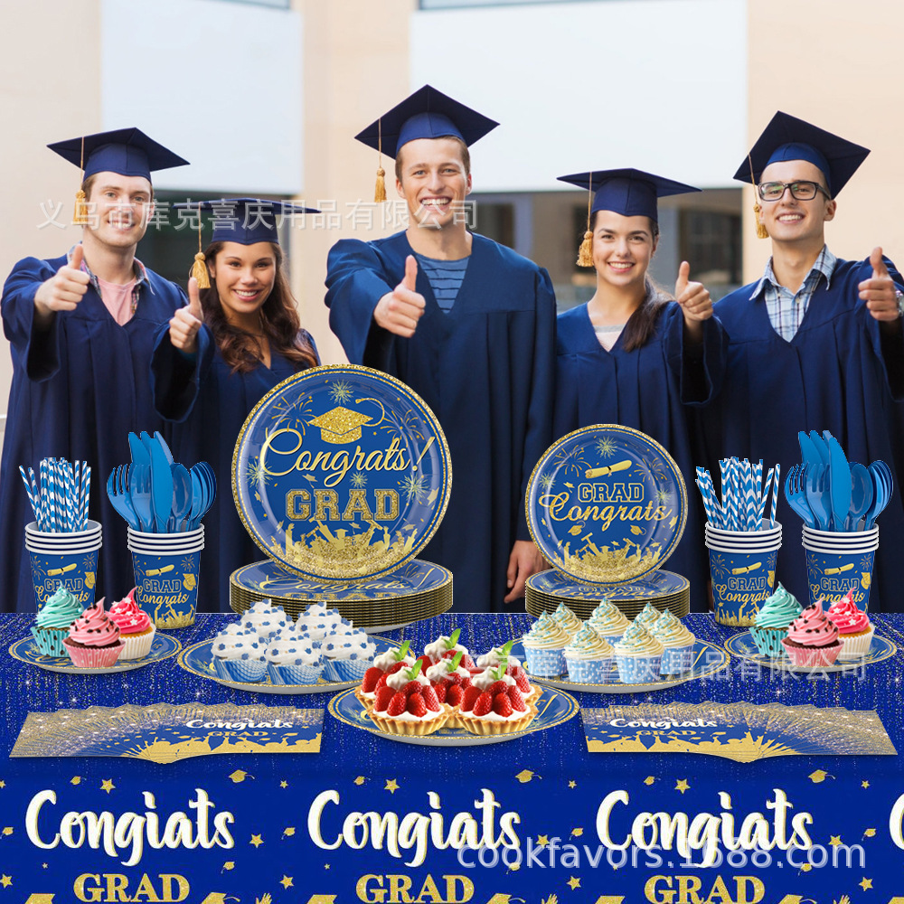 Nuevo juego de vajilla con tema de fiesta de la temporada de graduación de oro azul transfronterizo, bandeja de papel desechable, toallas de papel, vasos de papel, suministros navideños