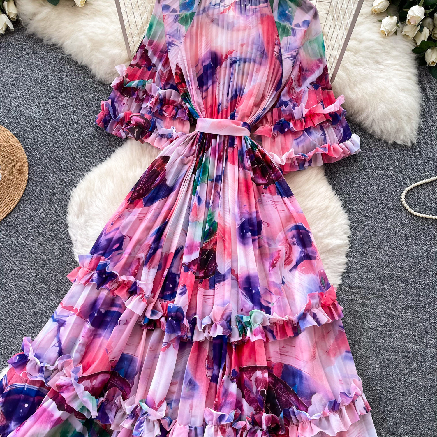Floral Print Puff Sleeve Dress Women's Korean Style Retro Court Long Fairy Like Ruffled Tie Waist Dress_ecoleips.com