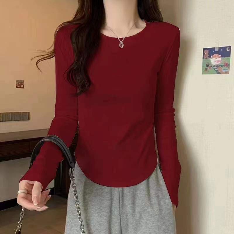 正肩纯棉长袖t恤女秋季新款下摆不规则设计感纯欲风显瘦打底衫INS|undefined