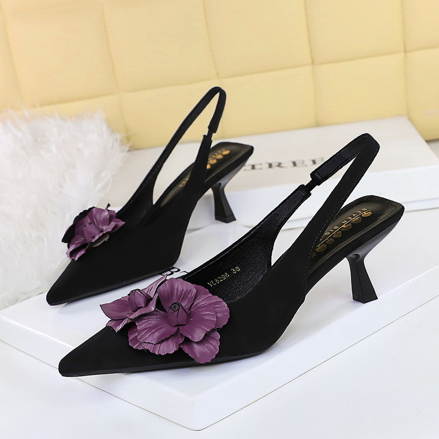 8295-H57 banquet slim heel, shallow mouth, empty single shoes, women's design sense, contrasting color, floral back strap, high heels